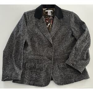 CABI Herringbone Women’s Blazer Sz 16 Equestrian Fox Hunt Gray Black Tweed Vtg